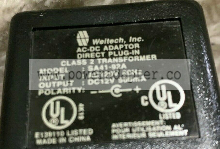 WEITECH, INC AC-DC ADAPTOR DIRECT PLUG-IN MODEL SA41-92A /12V 500mA NEW MPN: SA41-92A Brand: WEITECH Output Volta